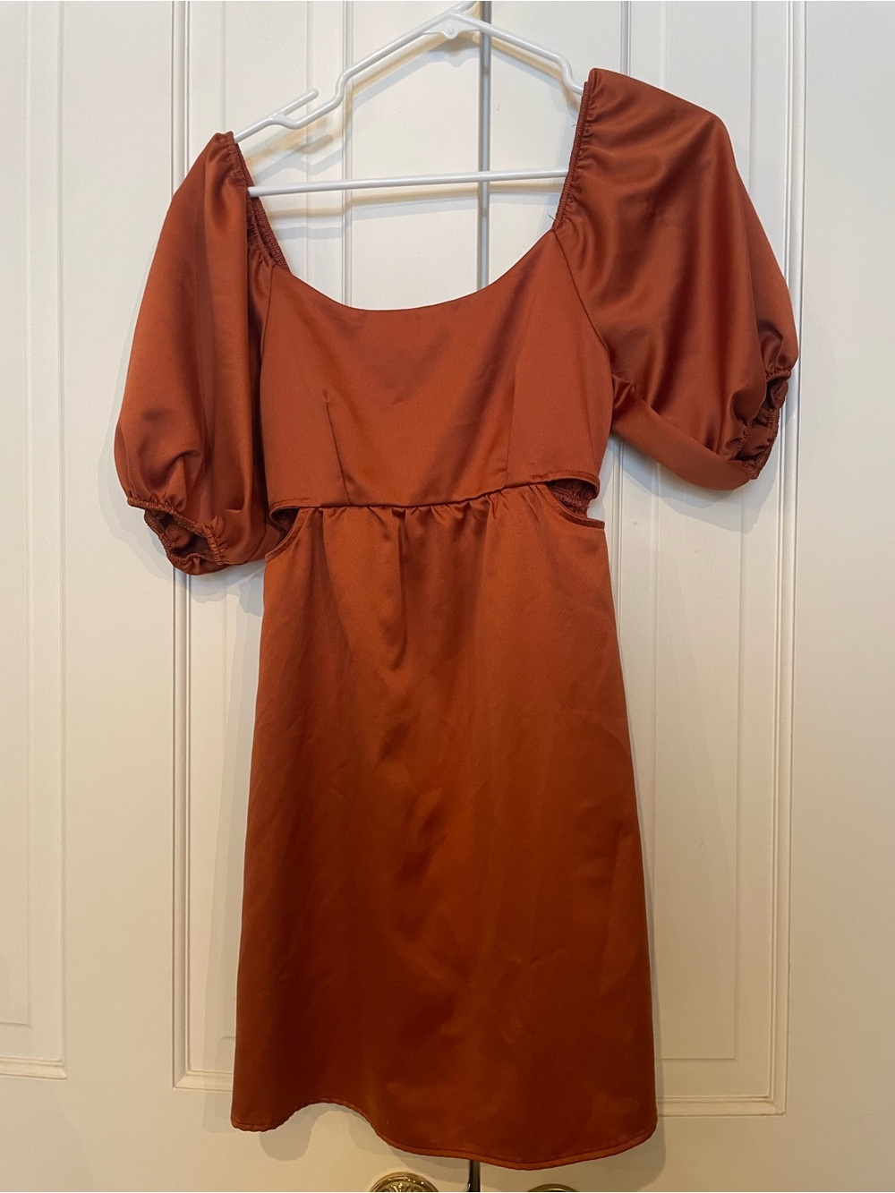 Altar’d State copper satin Puff-Sleeve Mini Dress